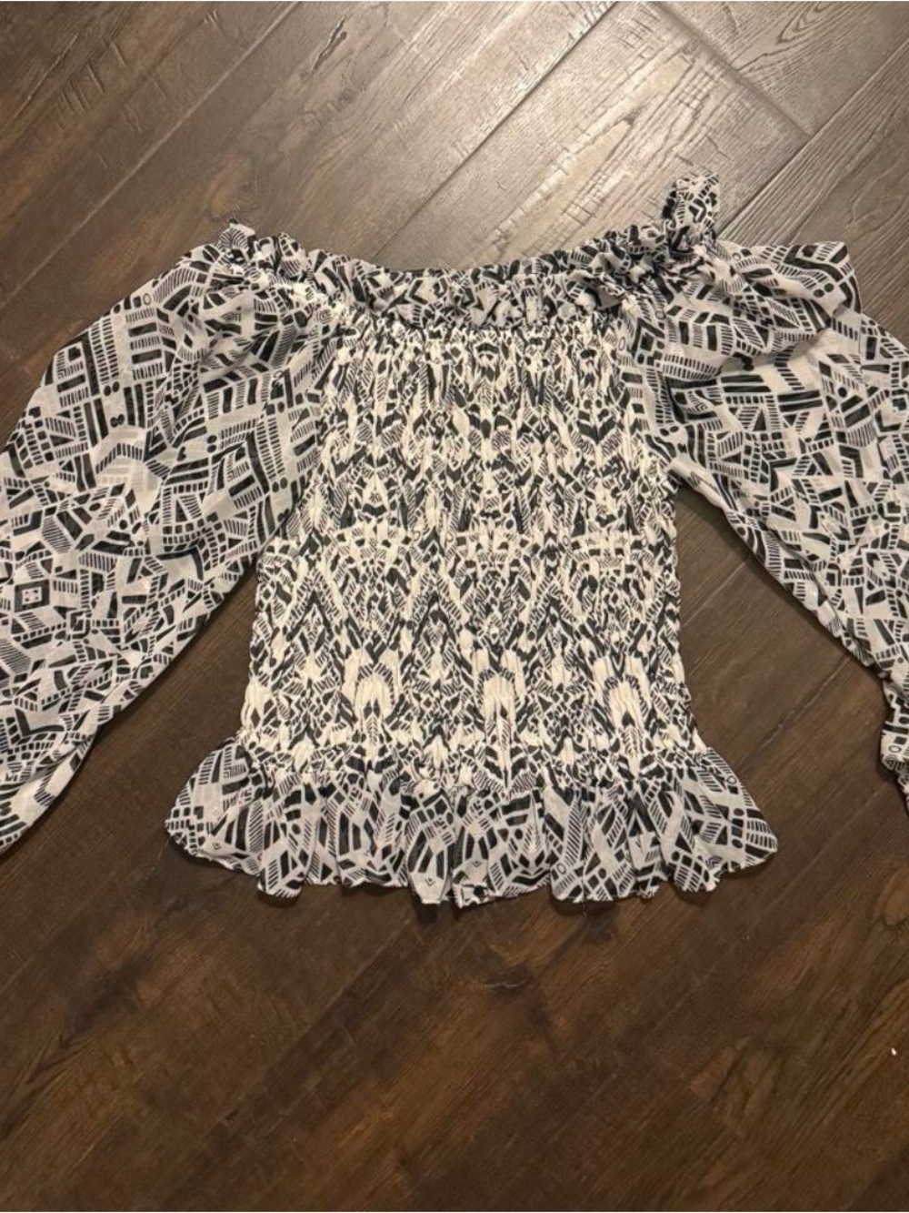 Misa smocked Off-Shoulder Black & White Geometric Women's Top
